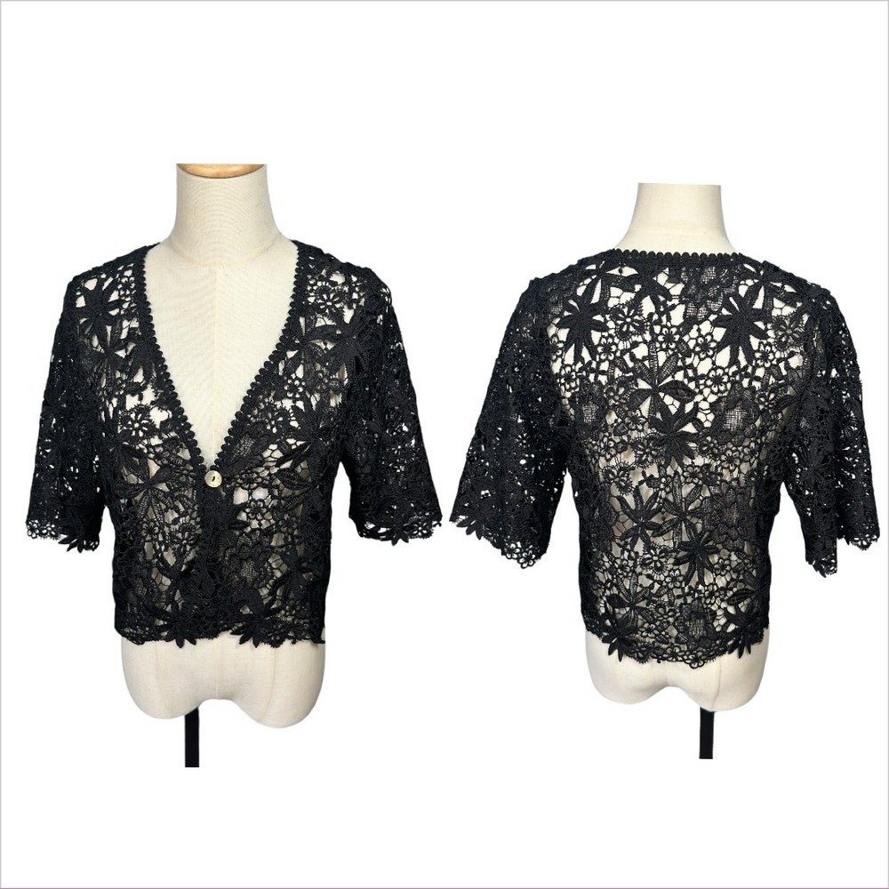 Womens‎ Black Crochet Sheer Cardigan S Shell Button Boho Fairy Grunge Whimsigoth
